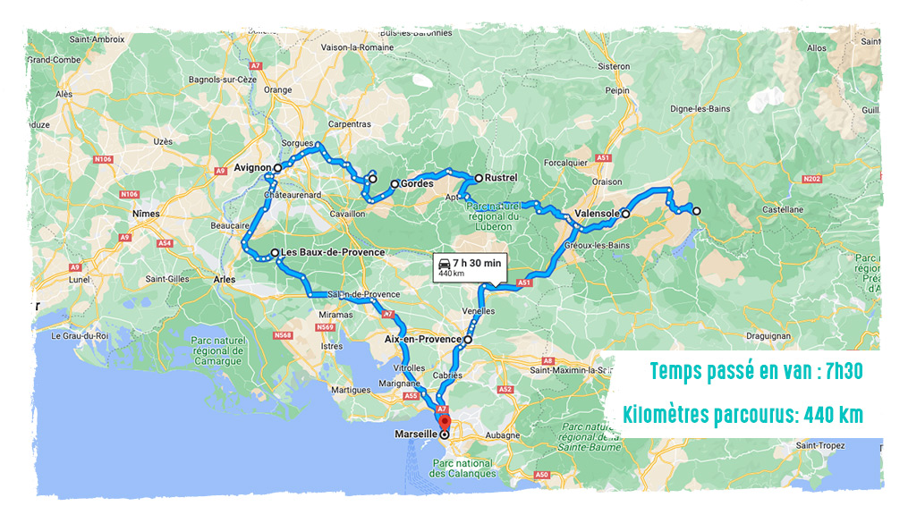 Carte itinéraire road trip Provence en van 7 jours