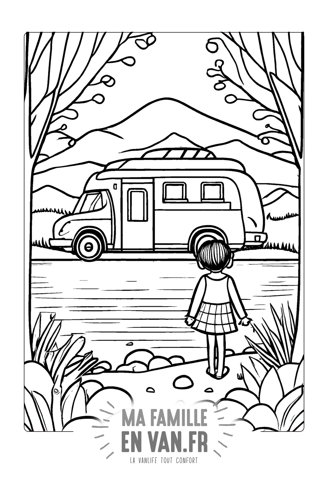 coloriage pour les enfants sur le thème des vacances et de la vanlife