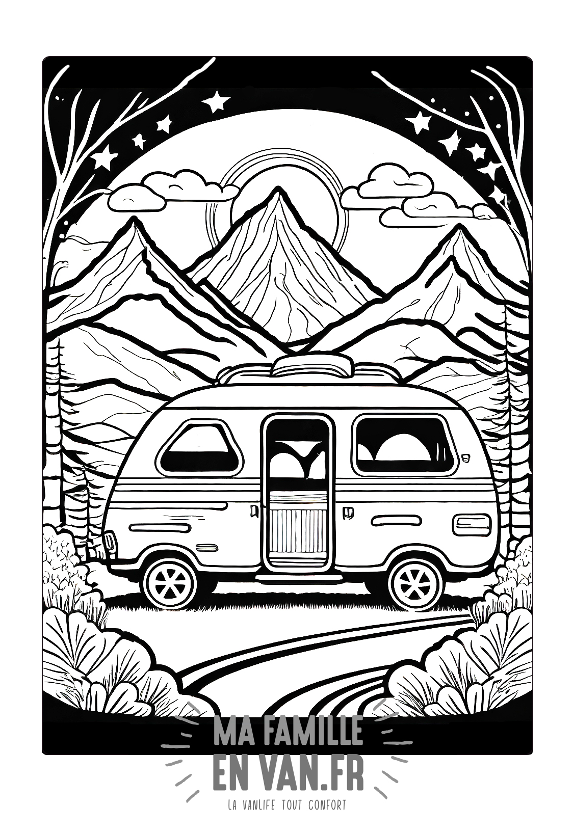 coloriage pour les enfants sur le thème des vacances et de la vanlife